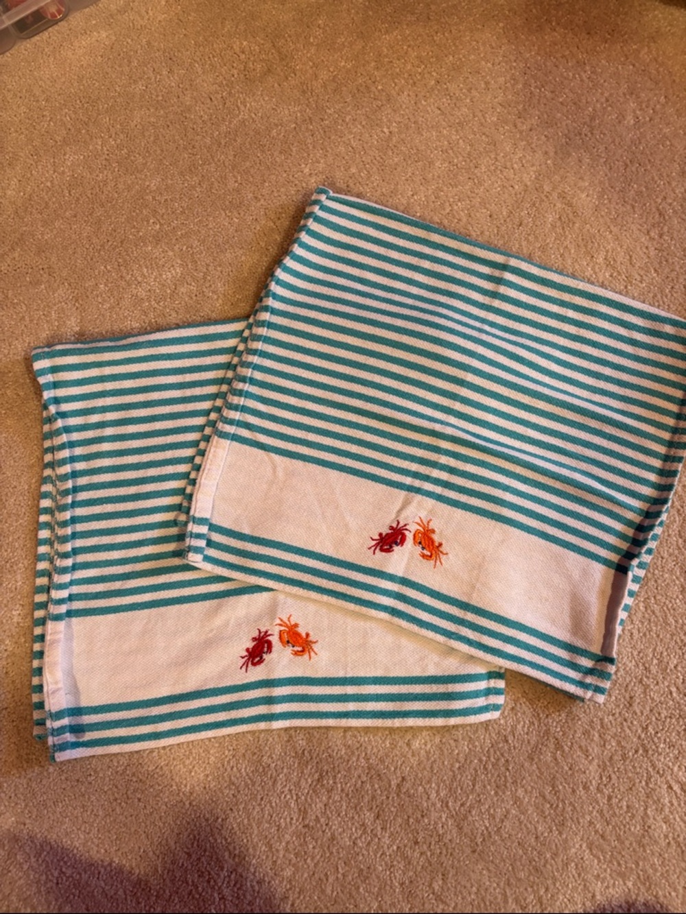 Striped Tea Towels with Crab Embroidery - Teal & White